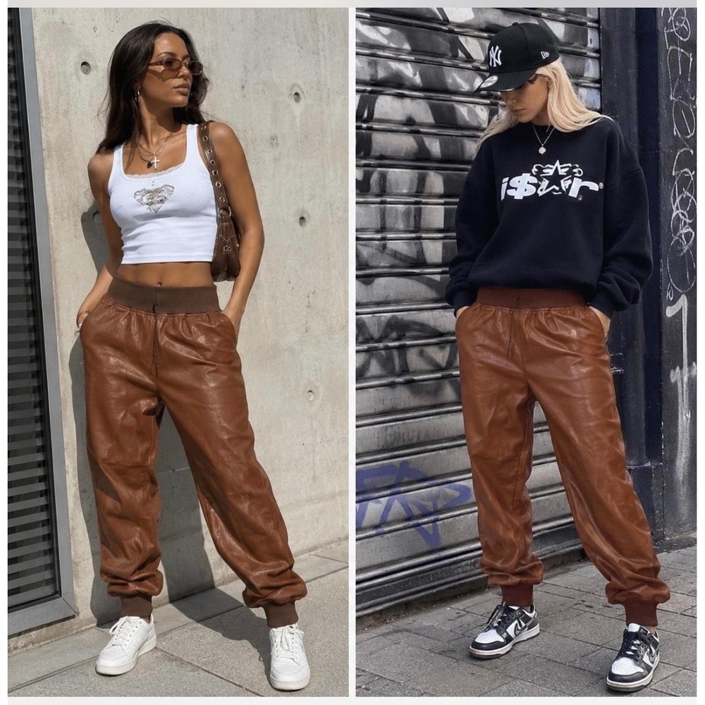 Kendall + Kylie Faux L Leather Jogger Pants Brown NWT Y2K Streetwear Luxe City